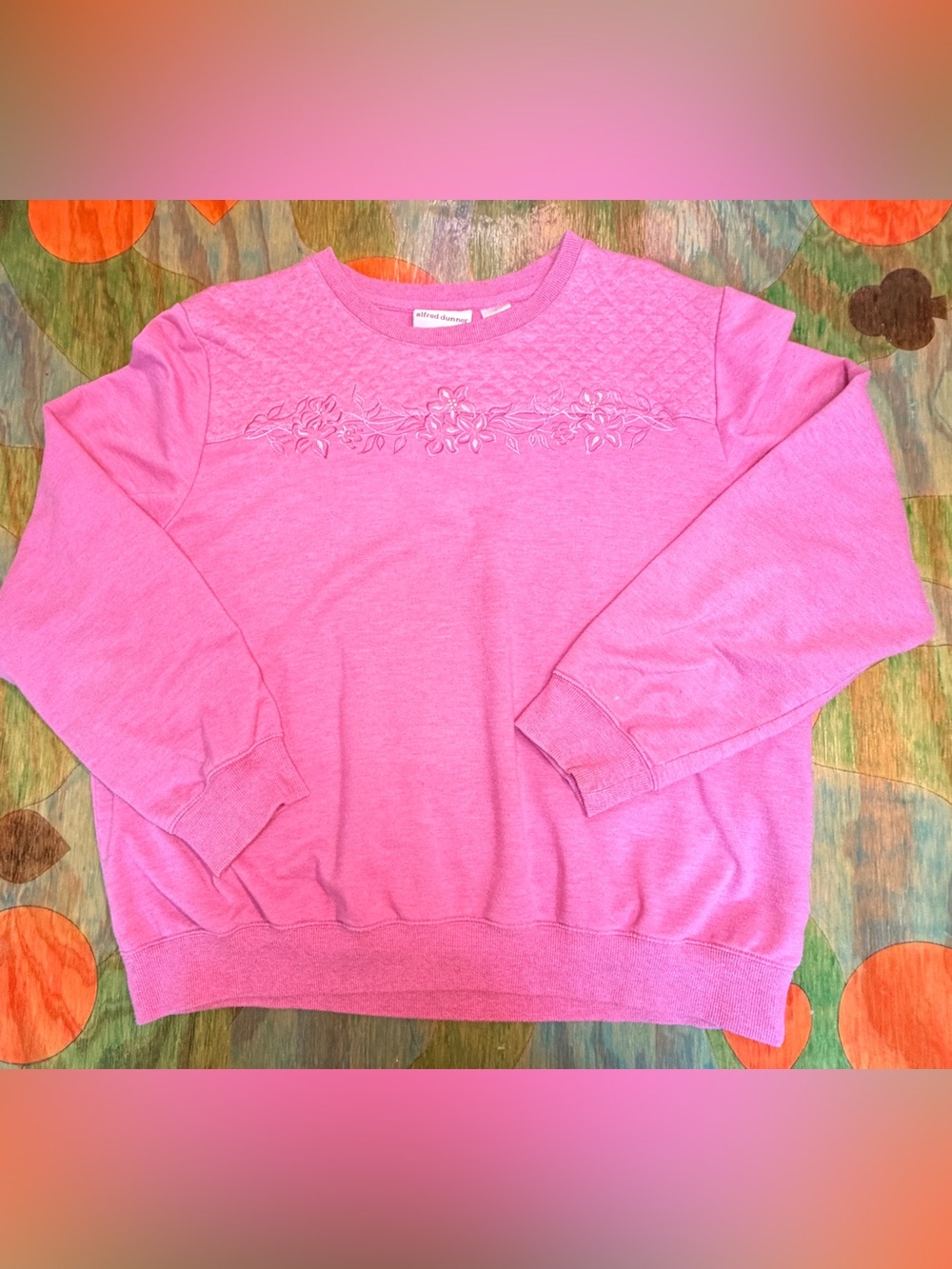 Alfred Dunner Womens Pink Floral Embroidered Quilted Sweatshirt Size XLarge Sequ